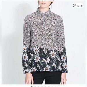 Zara Monochrome Daisy Print Button Down Blouse xs #business casual